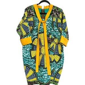 Vibrant Geometric Dress with Yellow Trim